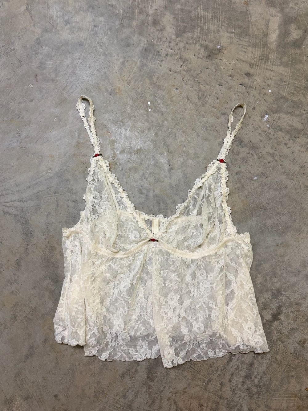 SKIMS Cream Sheer Lace Chemise with Red Accents